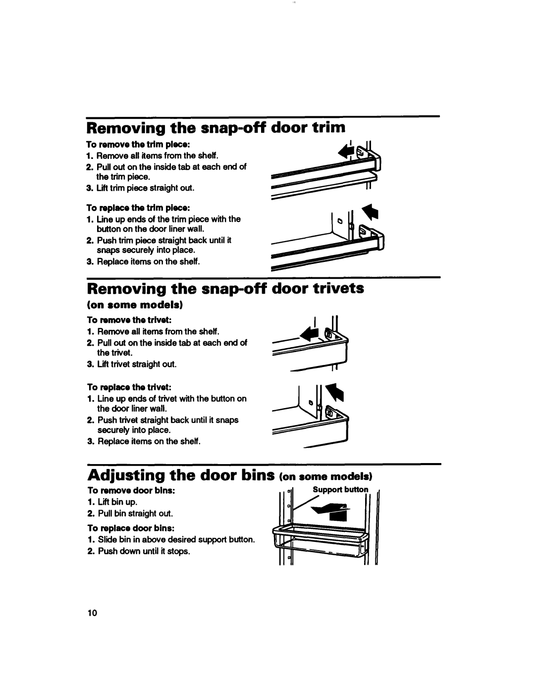 Whirlpool 3ET16NKXDG00 manual Removing the snap-off door trim, Removing the snap-off door trivets 