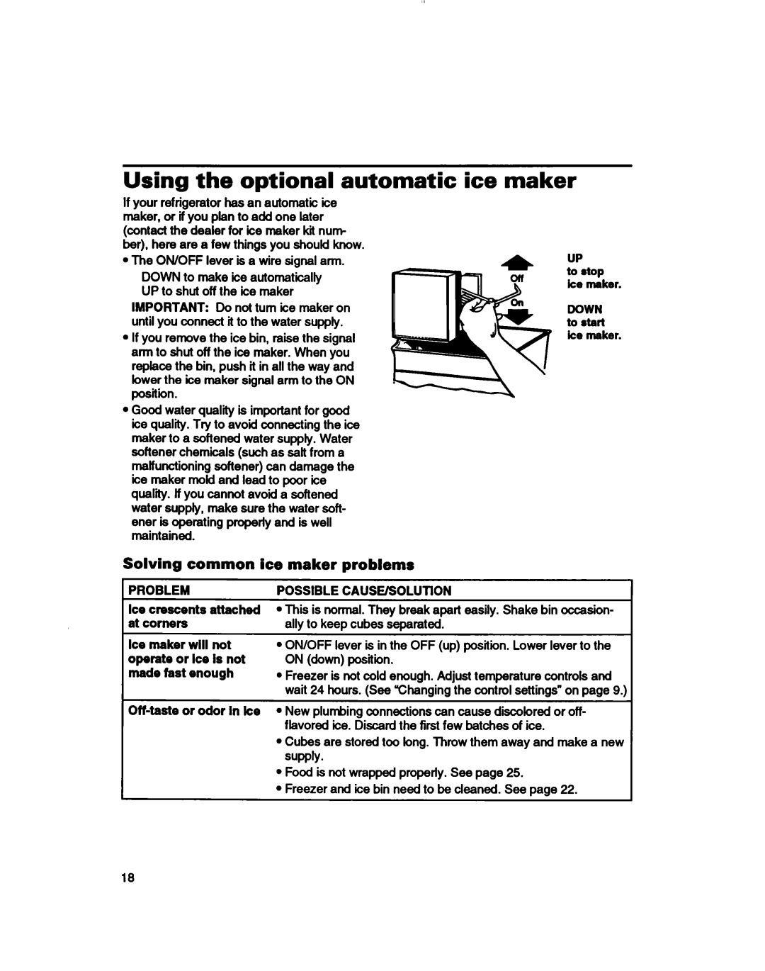 Whirlpool 3ET16NKXDG00 manual Using the optional automatic ice maker, Solving common ice maker problems, Problem 