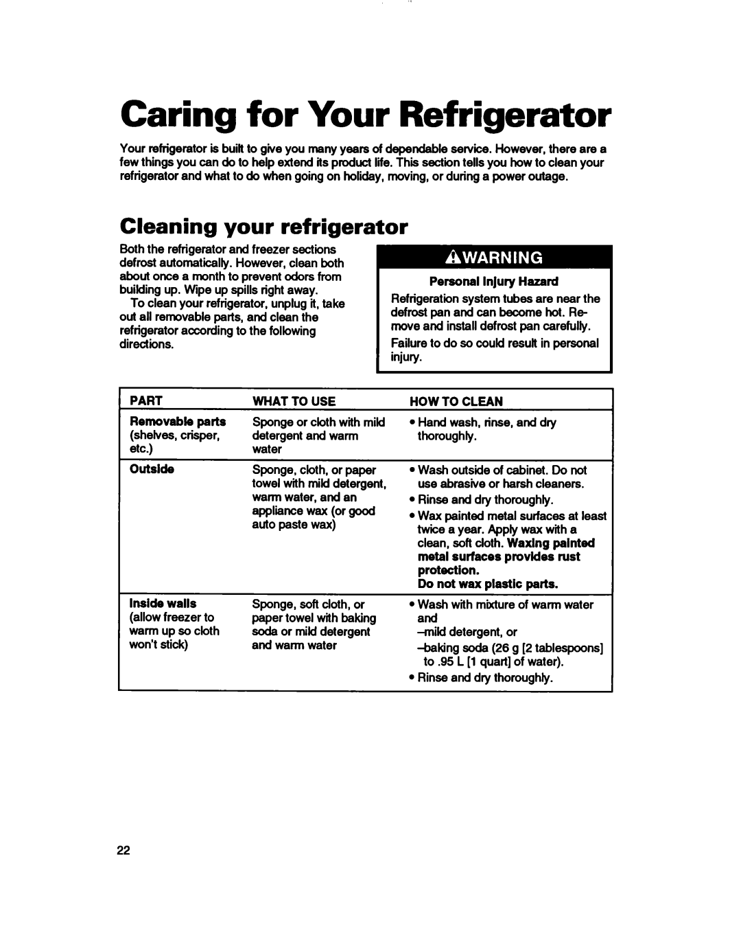 Whirlpool 3ET16NKXDG00 manual Caring for Your Refrigerator, Cleaning your refrigerator 