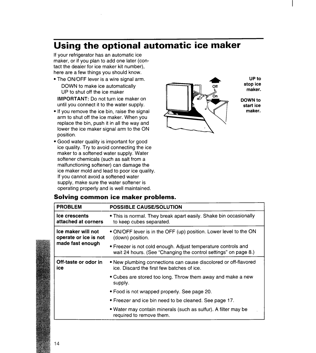 Whirlpool 3ET22DKXDN00 manual Using the optional automatic ice maker, Solving common ice maker problems, ‘Problem 