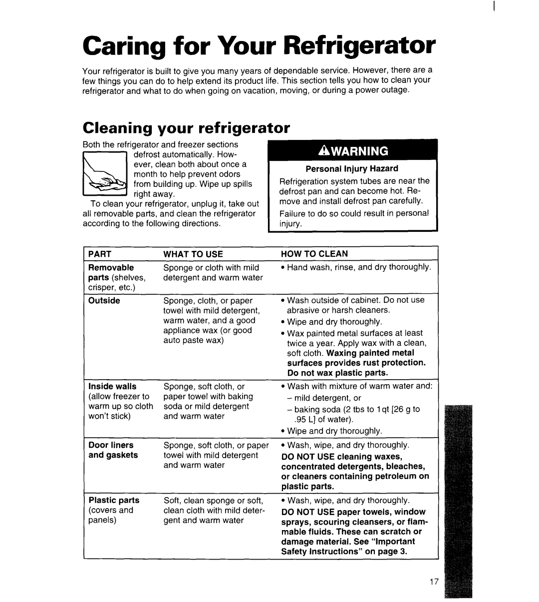 Whirlpool 3ET22DKXDN00 manual Caring for Your Refrigerator, Cleaning, Part What to USE, HOW to Clean 