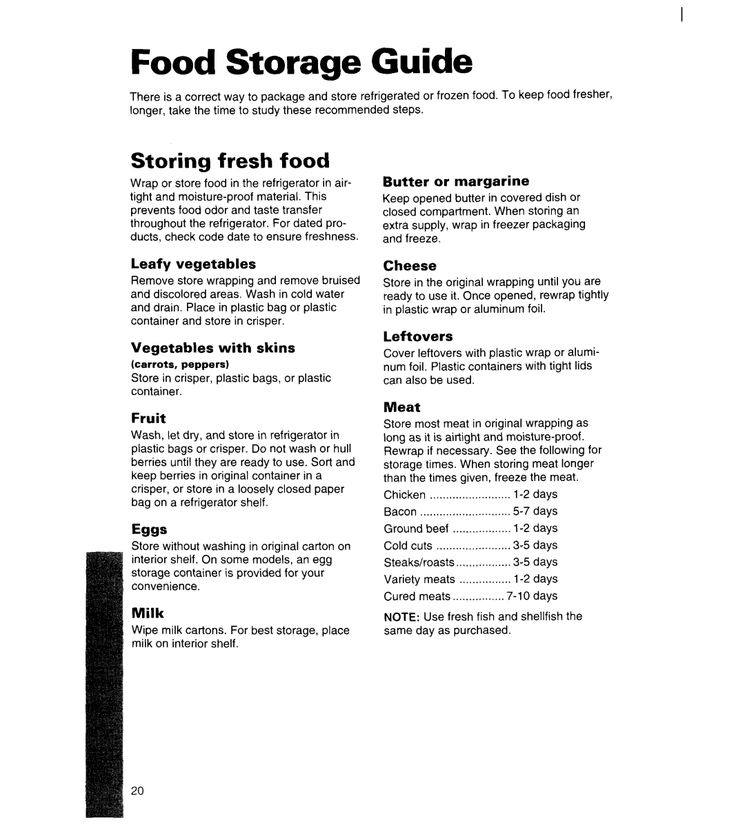 Whirlpool 3ET22DKXDN00 manual Food Storage Guide, Storing fresh food 