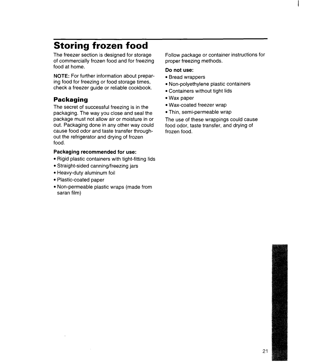 Whirlpool 3ET22DKXDN00 manual Storing frozen food, Packaging 