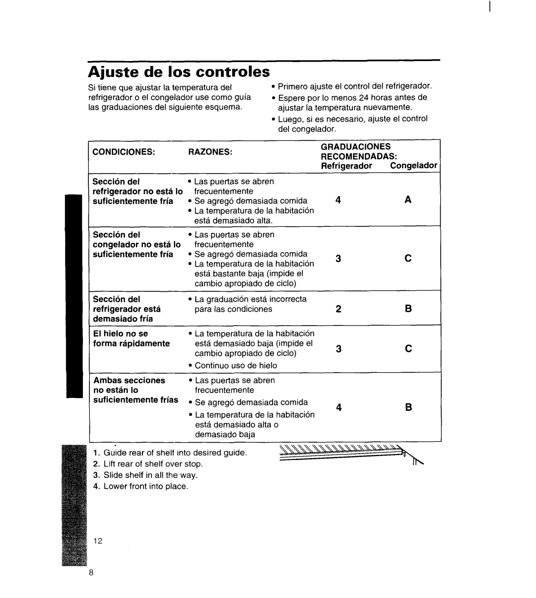 Whirlpool 3ET22DKXDN00 manual Ajuste de 10s controles, De la pu lerta, Condiciones Razones, Graduaciones Recomendadas 