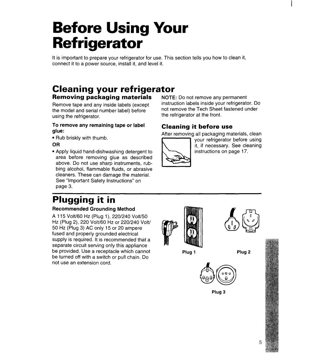 Whirlpool 3ET22DKXDN00 manual Before Using Your Refrigerator, Cleaning your refrigerator, Plugging 