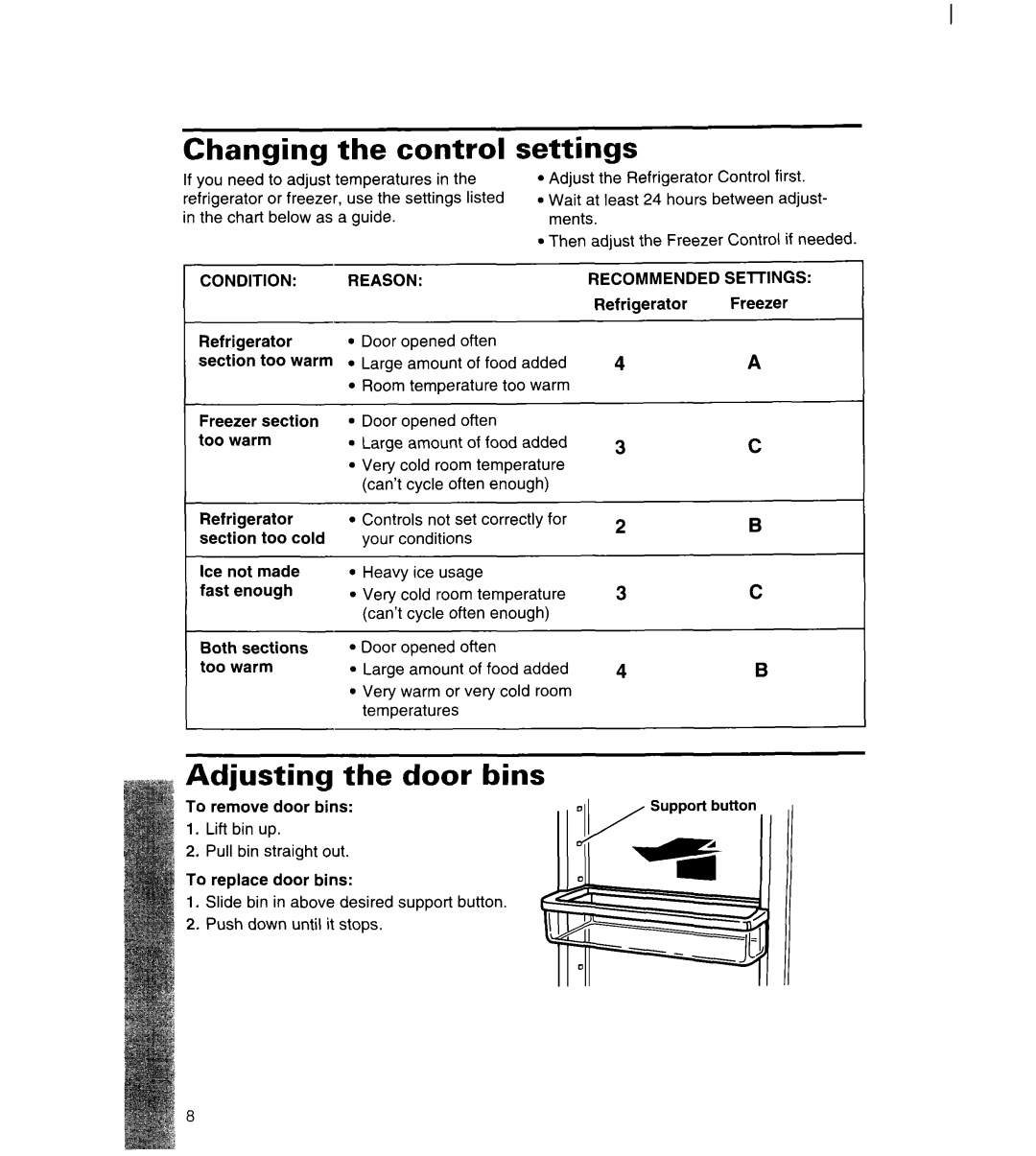 Whirlpool 3ET22DKXDN00 manual Changing the control, Settings, Adjusting the door bins 