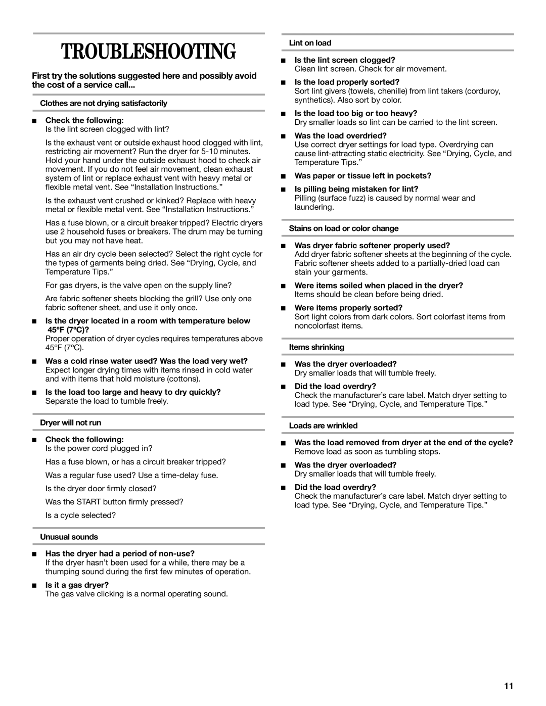 Whirlpool 3HLER5437JQ0 manual Troubleshooting 