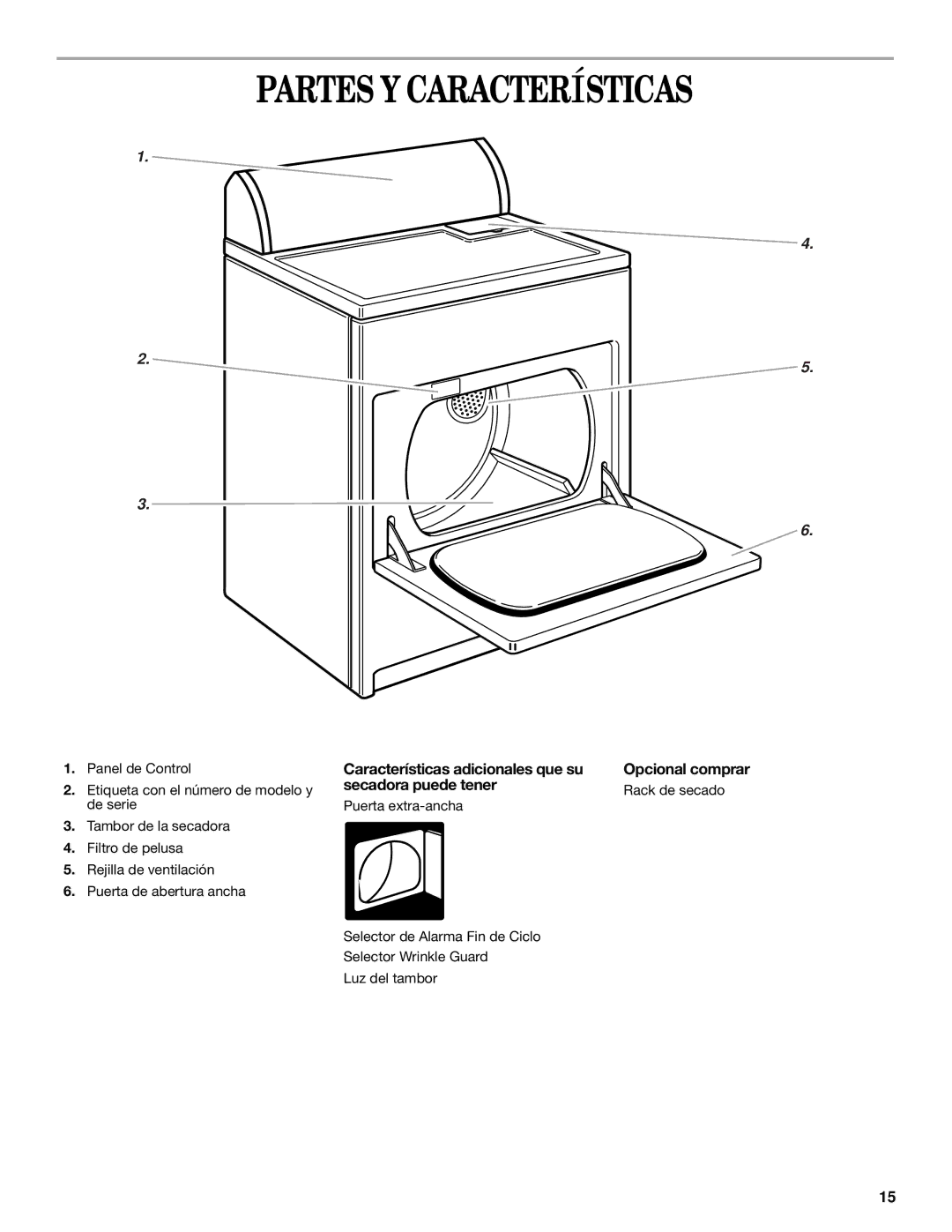 Whirlpool 3HLER5437JQ0 Partes Y Características, Características adicionales que su secadora puede tener, Opcional comprar 