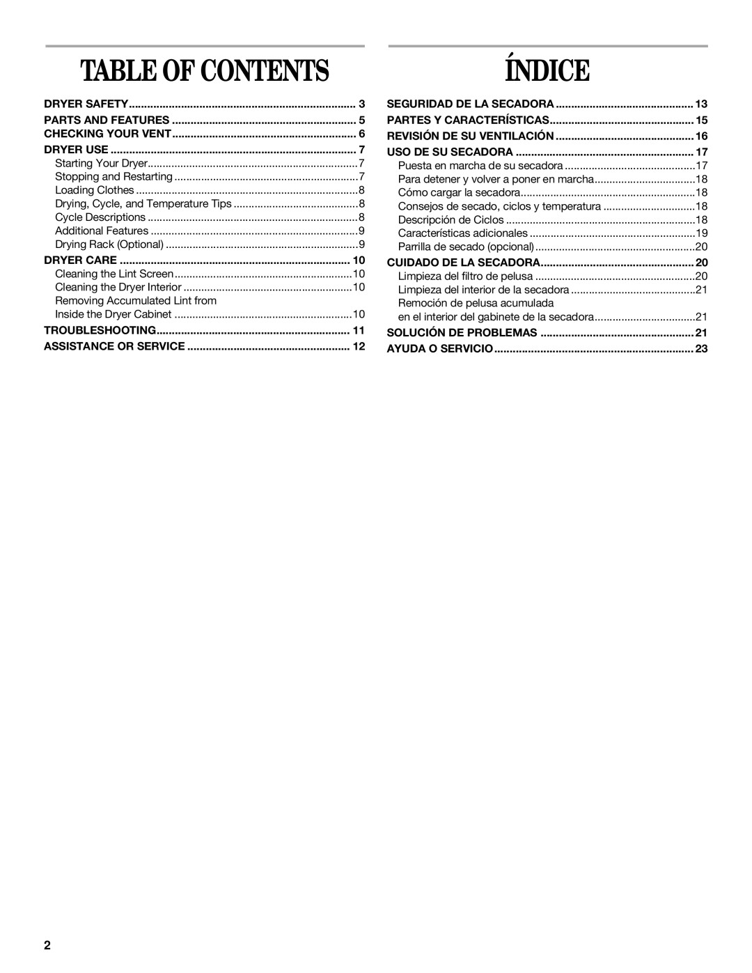 Whirlpool 3HLER5437JQ0 manual Índice, Table of Contents 