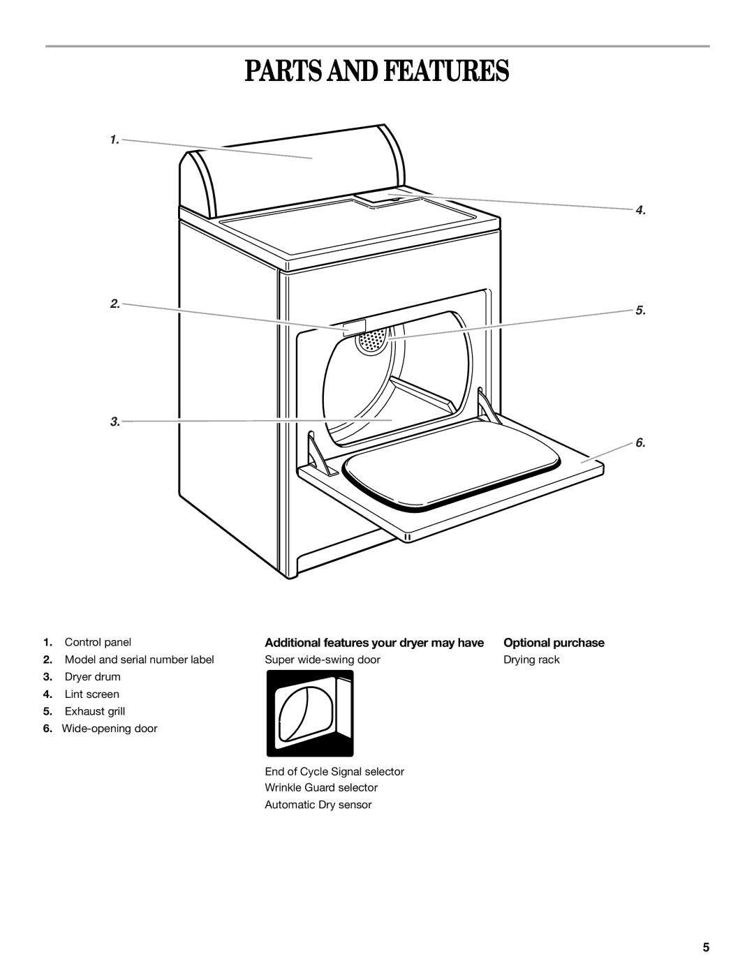 Whirlpool 3HLER5437JQ0 manual Parts and Features, Additional features your dryer may have, Optional purchase 