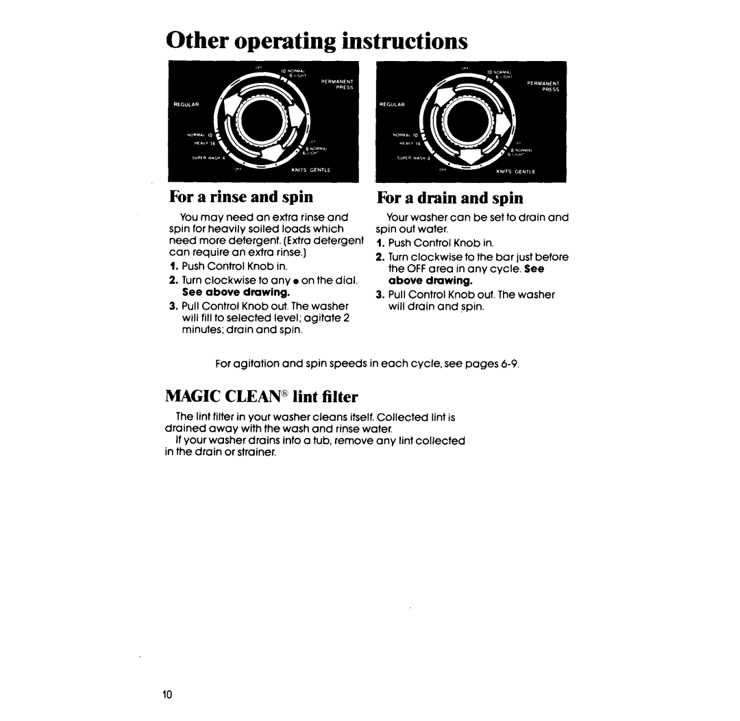 Whirlpool 3LA5580XS Other operating instructions, For a rinse and spin, For a drain and spin, Magic CLEAN@ lint filter 