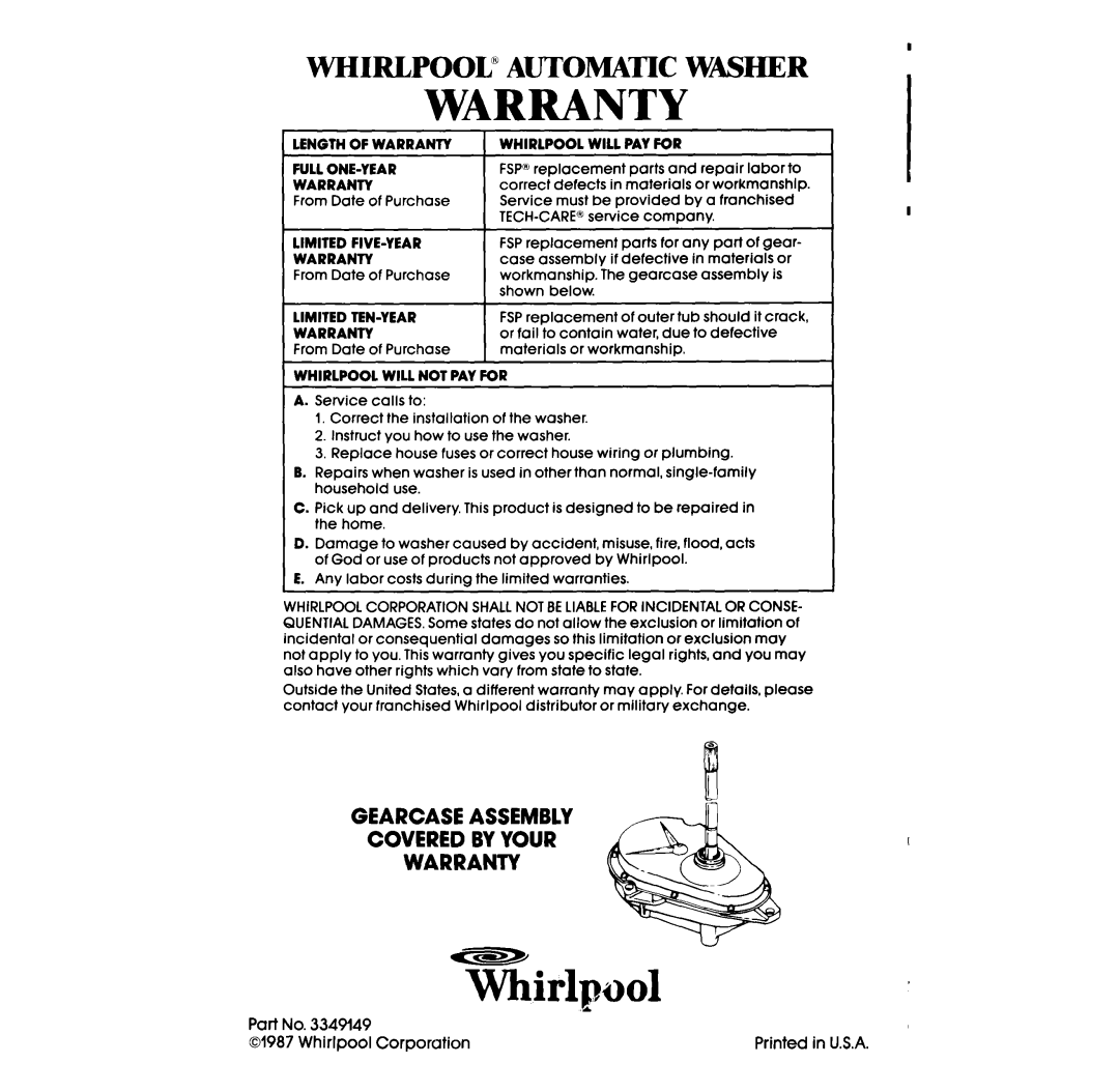 Whirlpool 3LA5580XS manual Warranty 