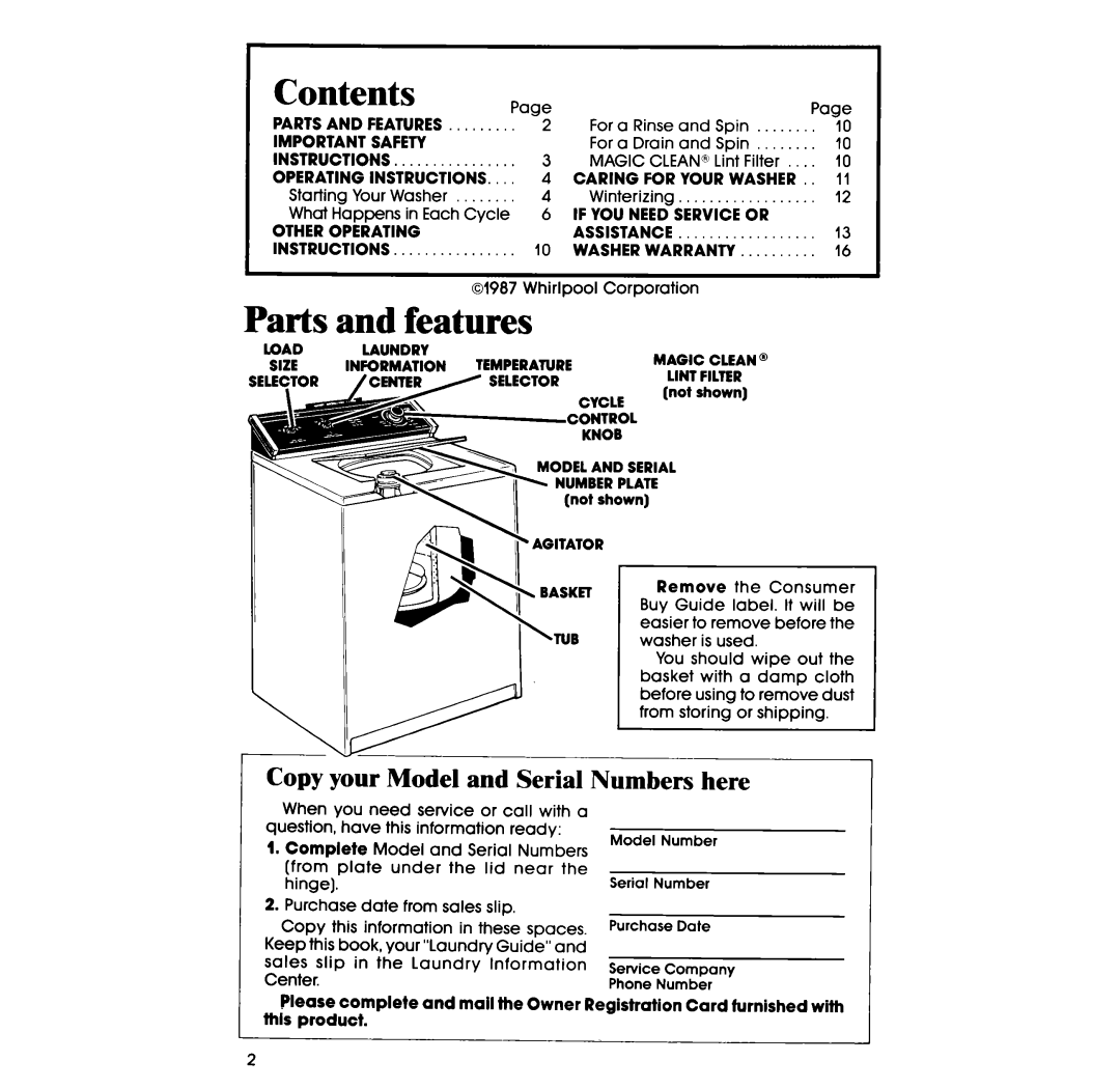 Whirlpool 3LA5580XS manual Contents, Parts and features 