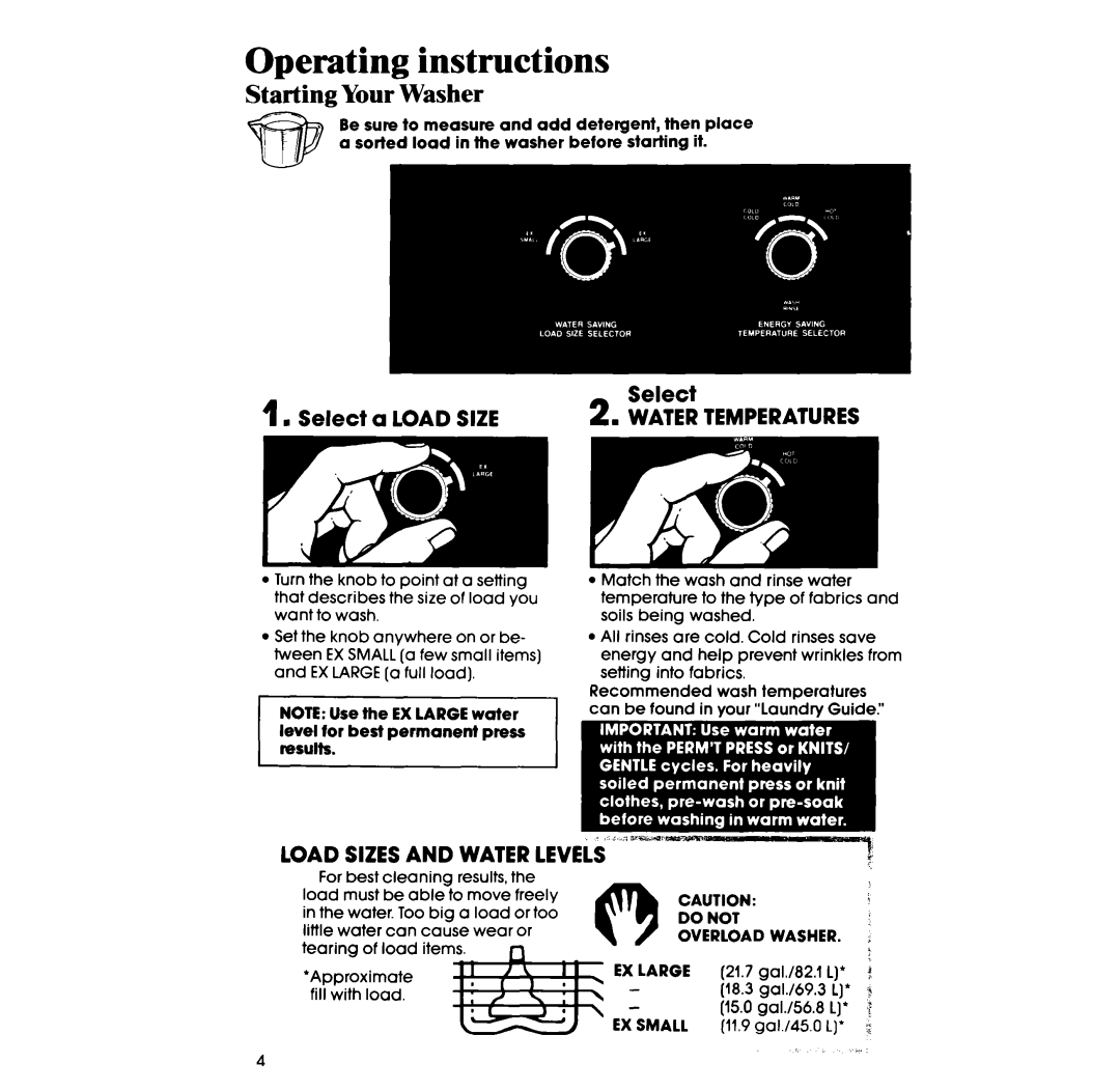 Whirlpool 3LA5580XS manual Operating instructions, Starting Your Washer, Select a Load Size 