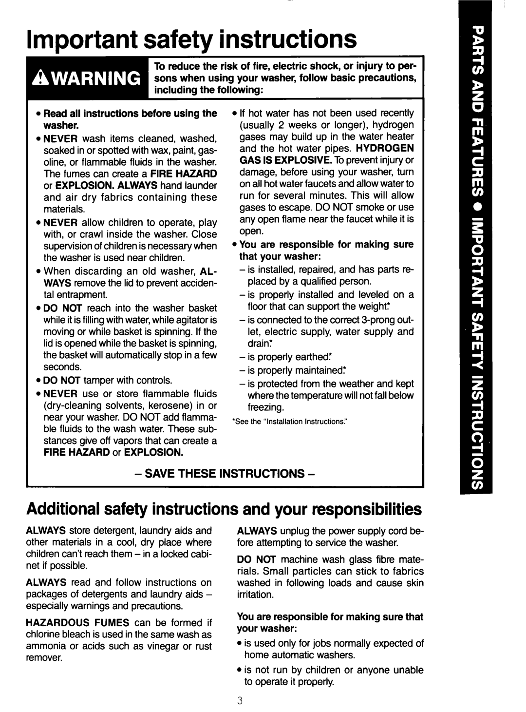 Whirlpool 3LA5581 manual Important safety instructions, Additional safety instructions and your responsibilities 