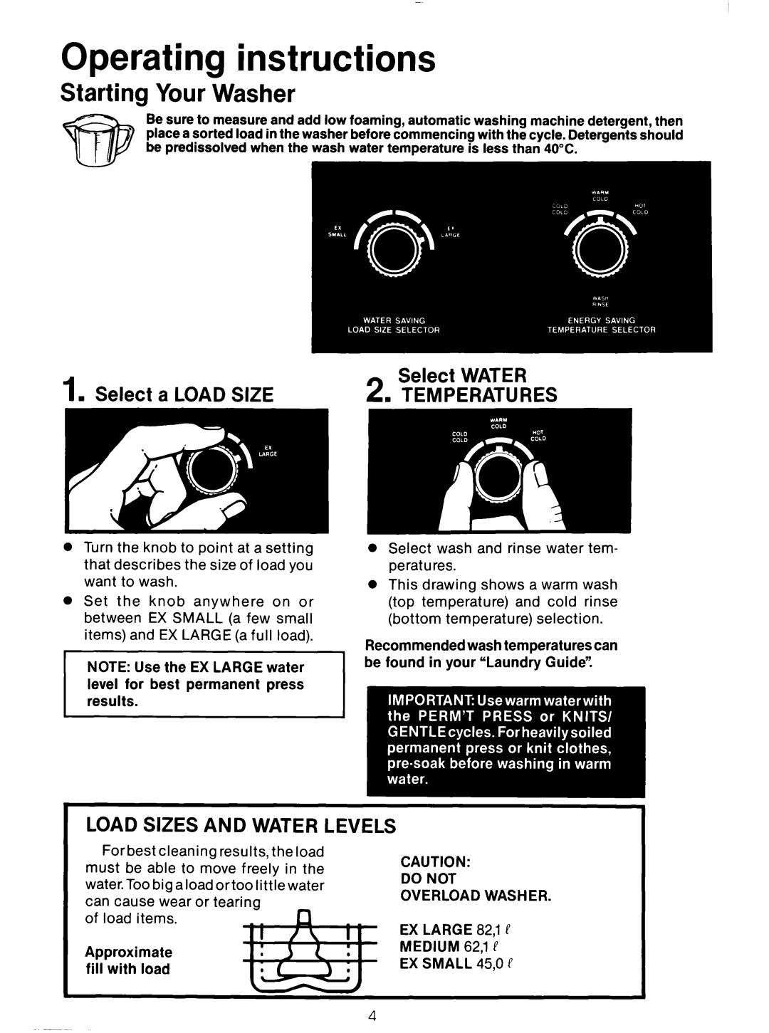 Whirlpool 3LA5581 Starting Your Washer, Select Water, Select a Load Size, Cautio Do not Overload Washer, EX Small 430 P 