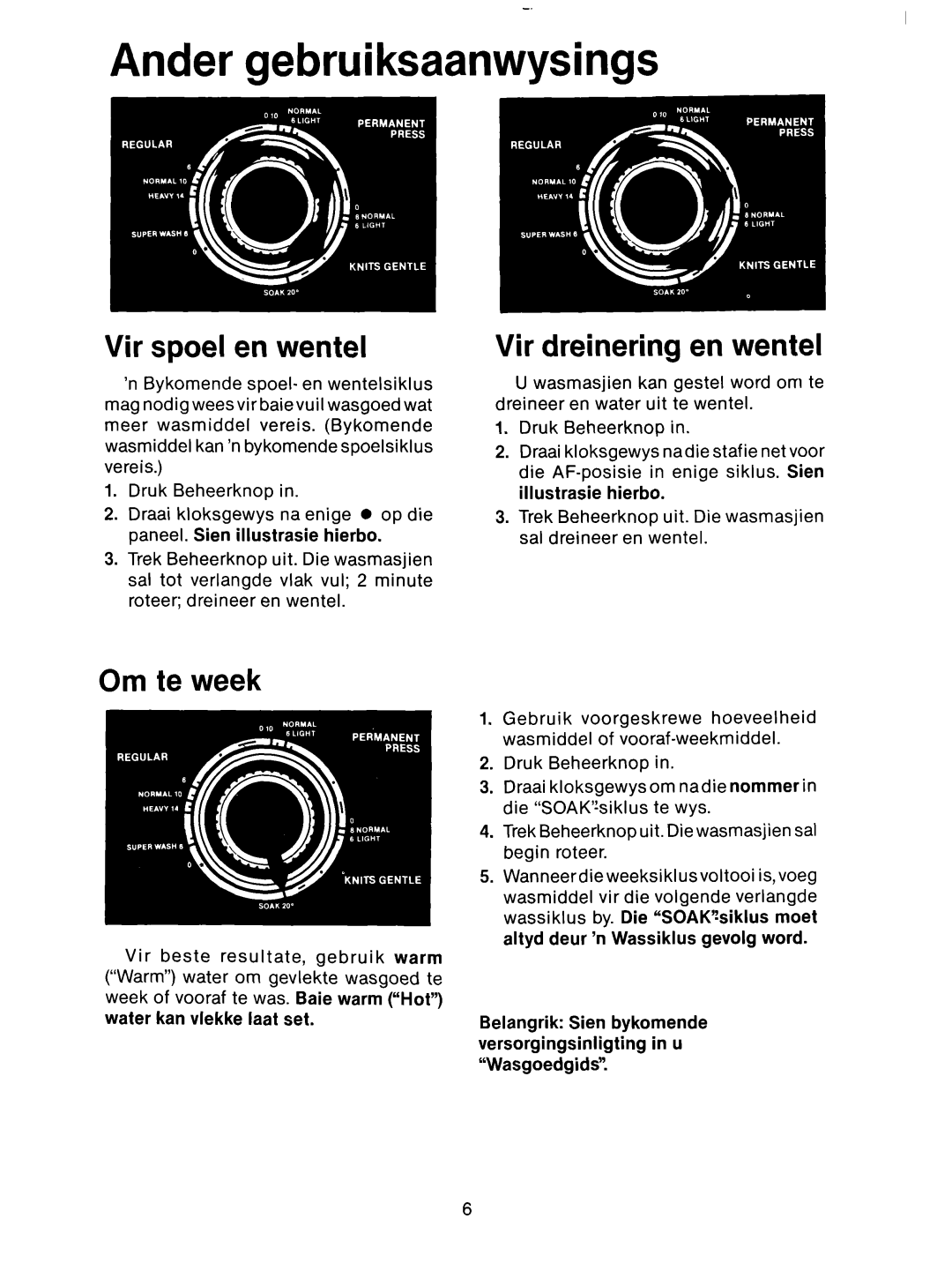 Whirlpool 3LA5801XX manual Ander gebruiksaanwysings, Vir spoel en wentel, Vir dreinering en wentel, Om te week 