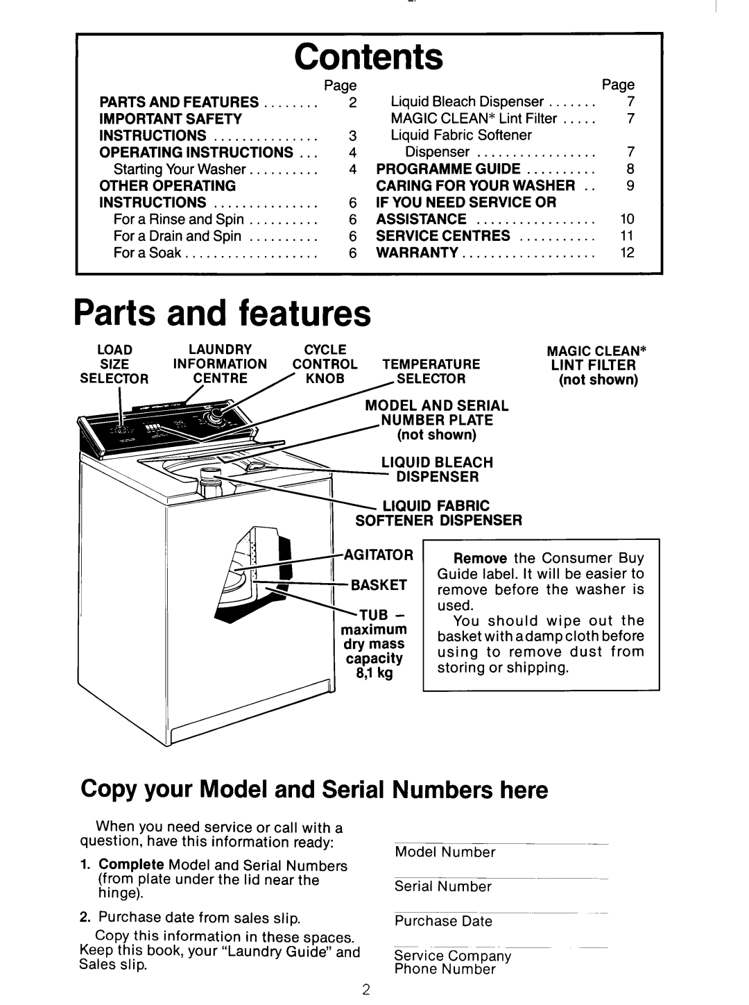 Whirlpool 3LA5801XX manual Contents, Parts and features 