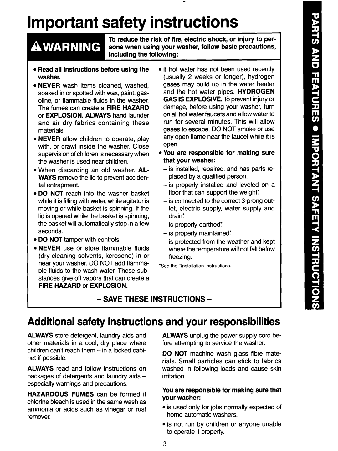 Whirlpool 3LA5801XX manual Important safety instructions, Additional safety instructions and your responsibilities 