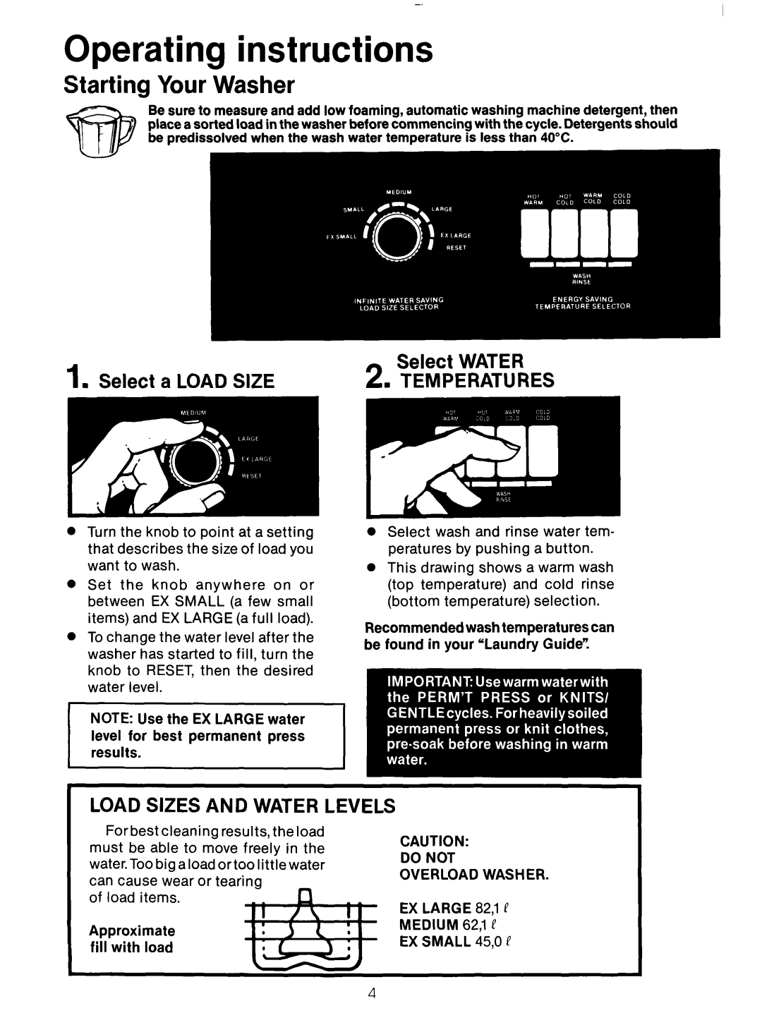 Whirlpool 3LA5801XX manual Operating instructions, Starting Your Washer, Select a Load Size Select Water 