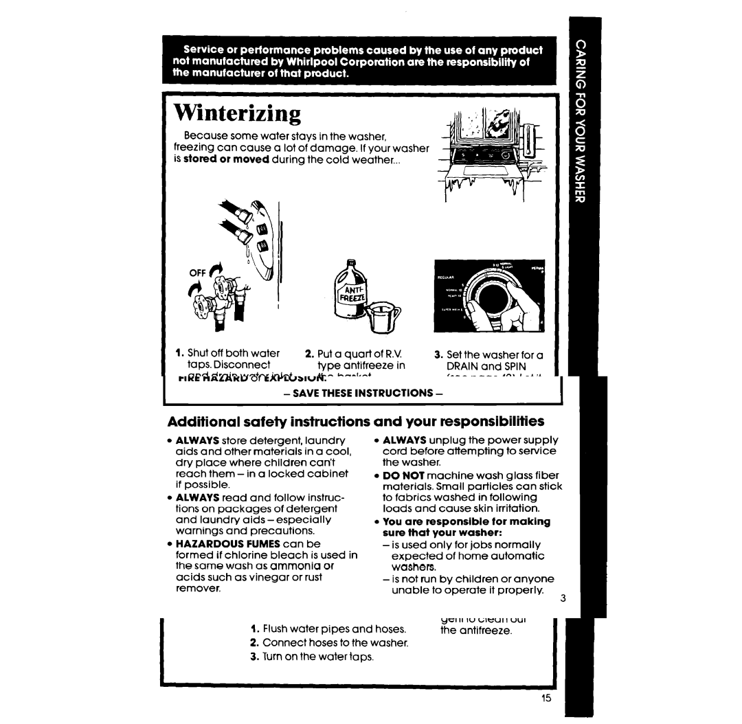 Whirlpool 3LA58OOXS manual Winterizing, To use the washer again 