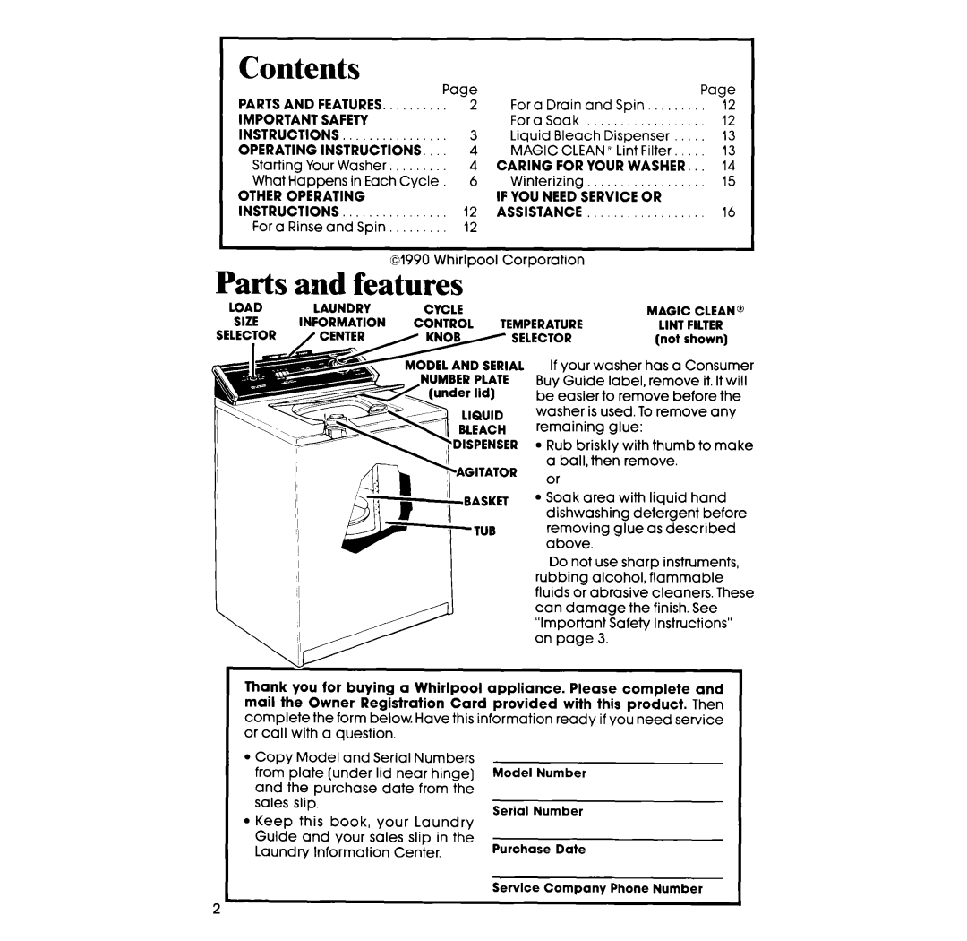 Whirlpool 3LA58OOXS manual Contents 