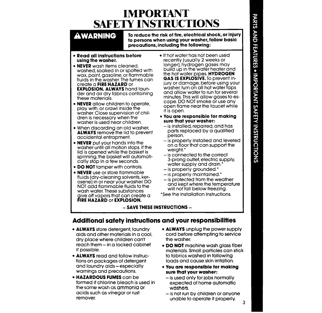 Whirlpool 3LA58OOXS manual Additional safety instructions, Your responsibilities 