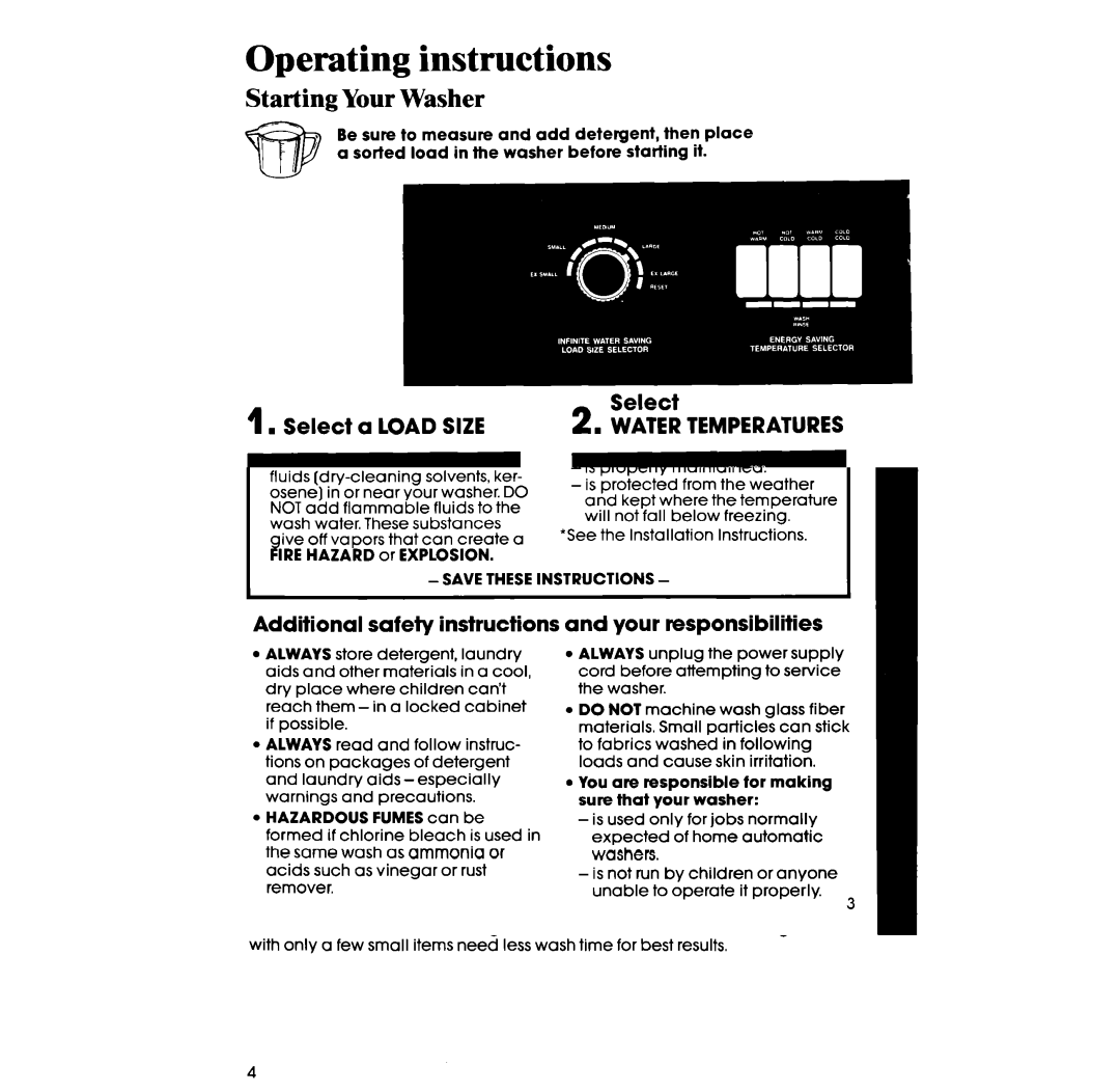 Whirlpool 3LA58OOXS manual Operating instructions, Starting Your Washer, Select a Load Size 