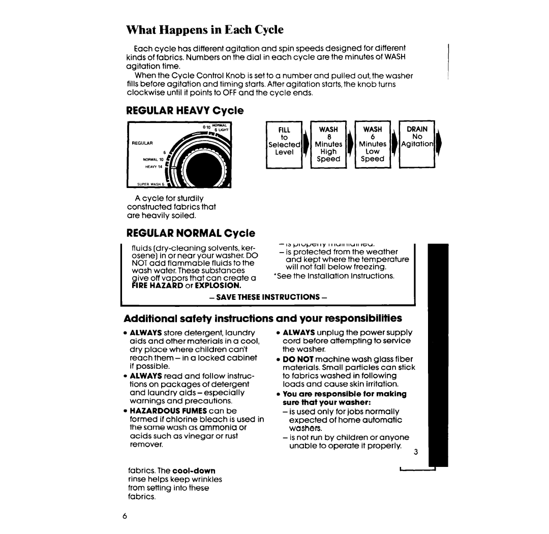 Whirlpool 3LA58OOXS What Happens in Each Cycle, Regular Heavy Cycle, Regular Normal Cycle, Permanent Press Normal Cycle 