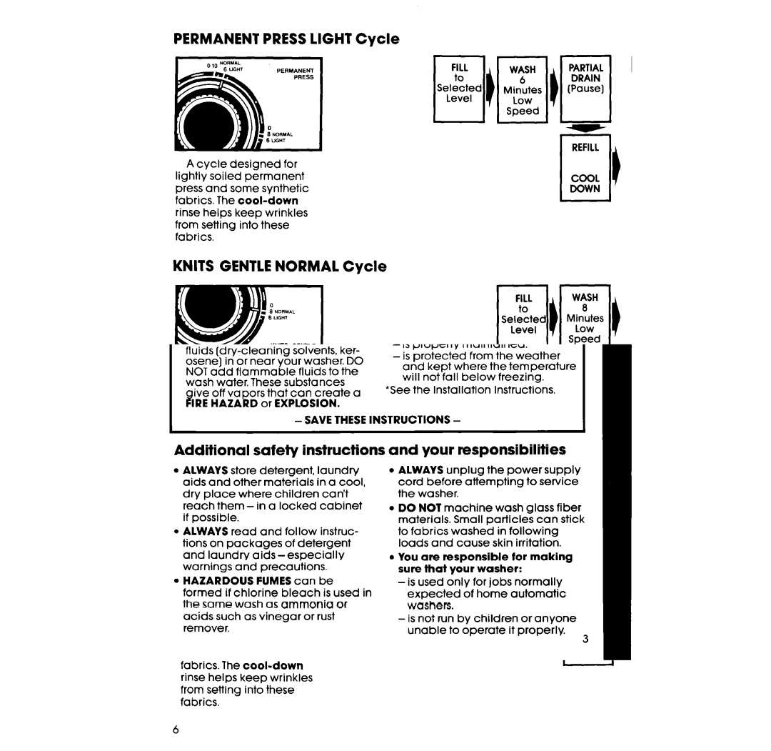 Whirlpool 3LA58OOXS manual Permanent Press Light Cycle, Knits Gentle Normal Cycle, Knits Gentle Light Cycle 