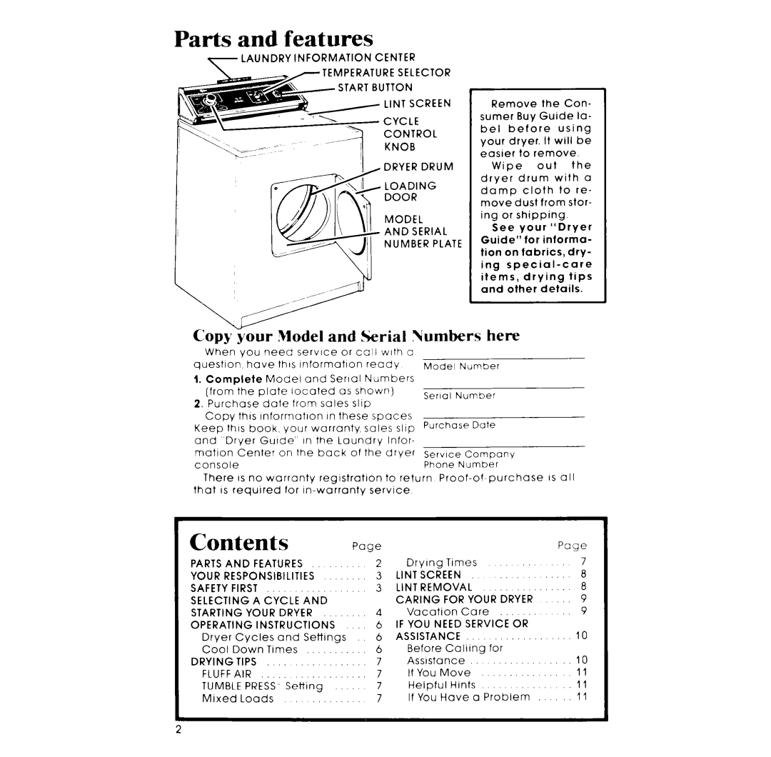 Whirlpool 3LE5710XM manual Parts and features, Contents 