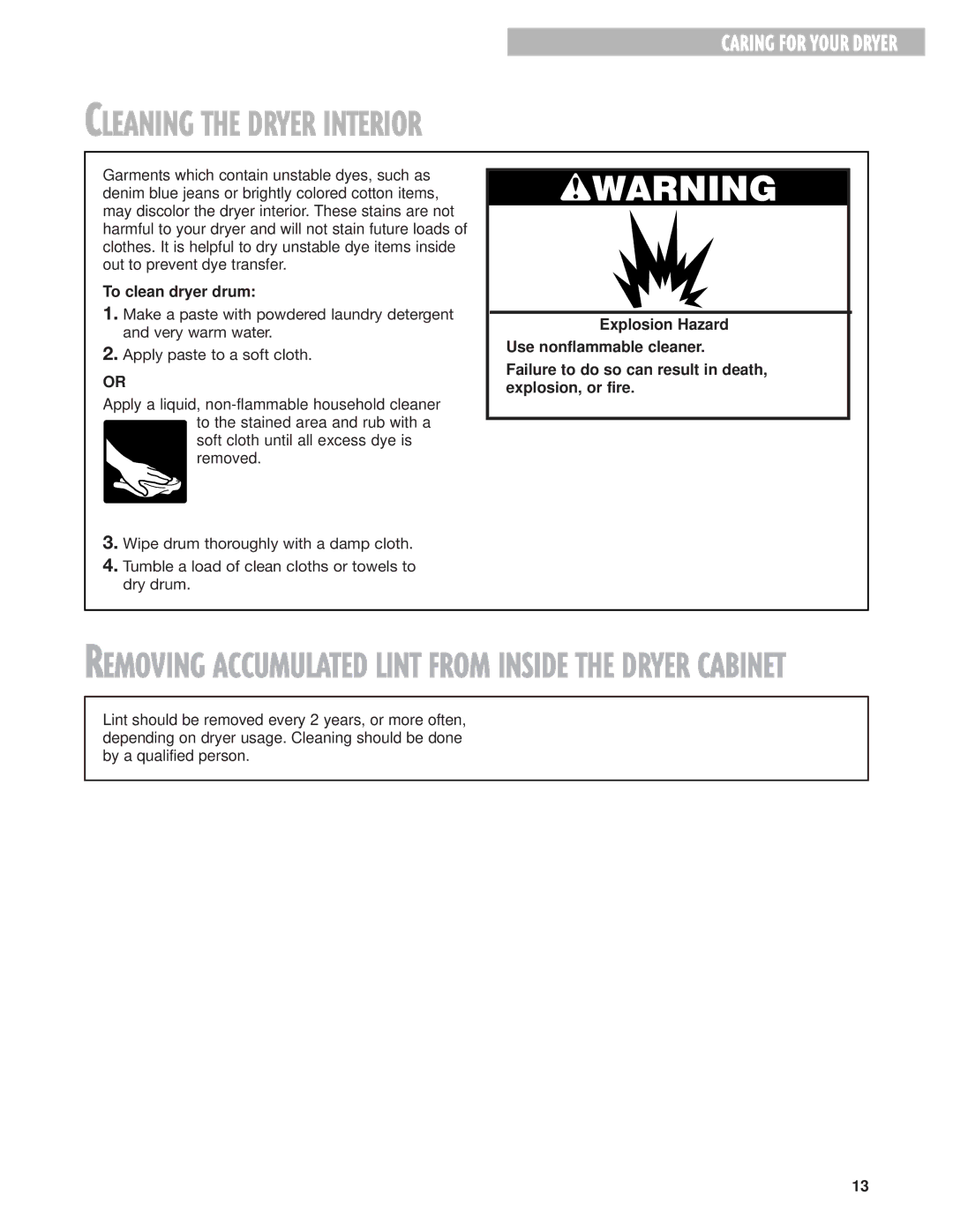 Whirlpool 3LER5436EQ0 manual Cleaning the Dryer Interior, To clean dryer drum 