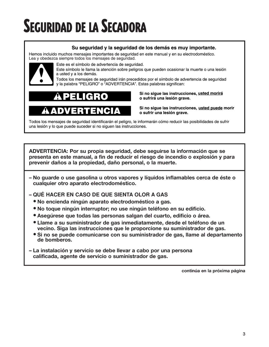 Whirlpool 3LER5436EQ0 manual Seguridad DE LA Secadora, Continúa en la próxima página 