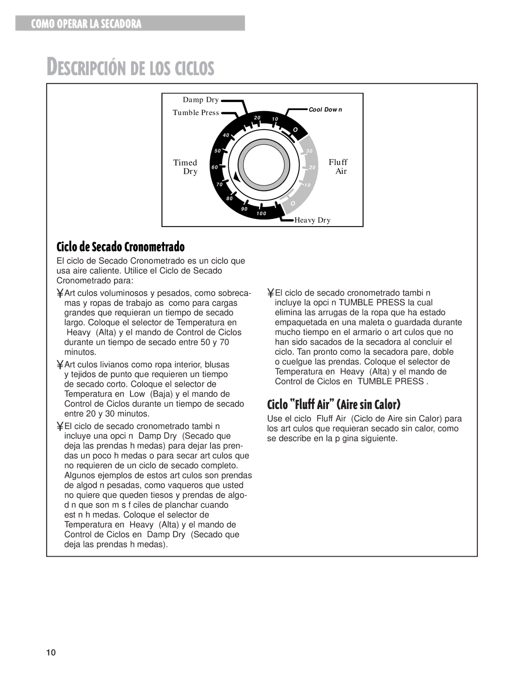 Whirlpool 3LER5436EQ0 manual Ciclo de Secado Cronometrado, Ciclo ÒFluff AirÓ Aire sin Calor 