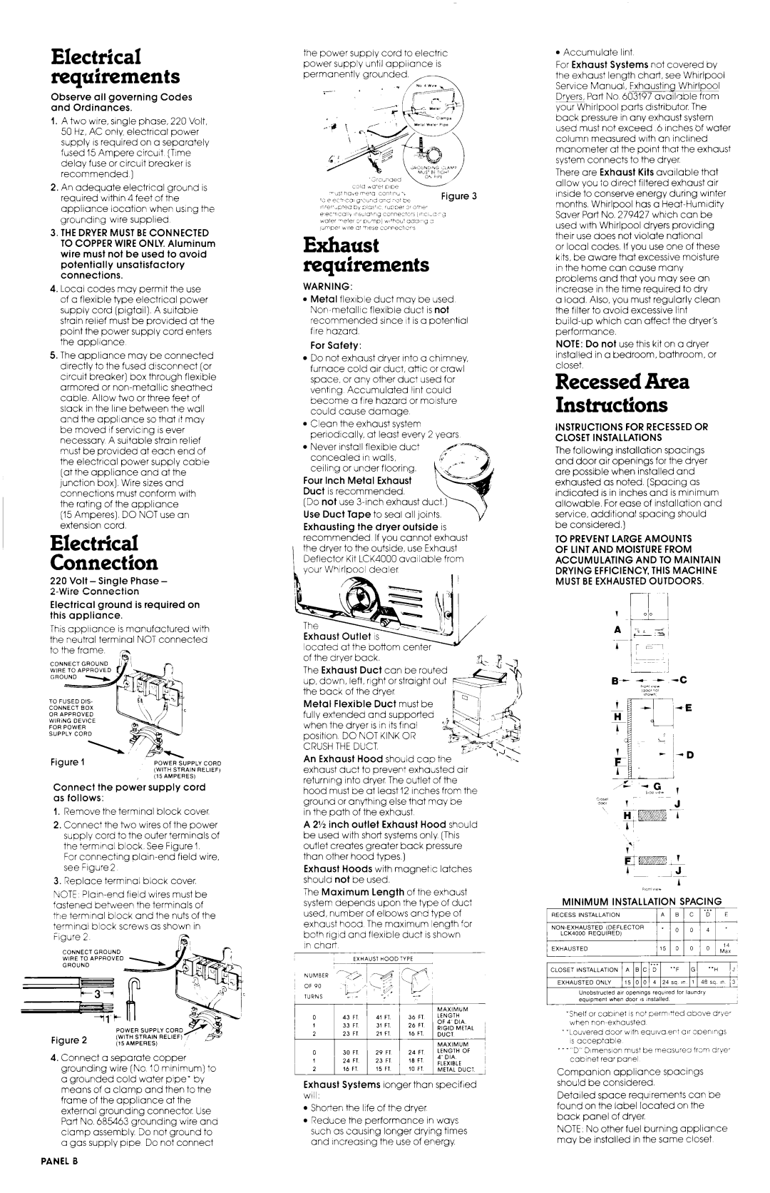 Whirlpool 3LG5701XP manual Electrical Connection, Recessed Area Instluctions, Electrical requirements, Exhaust requirements 