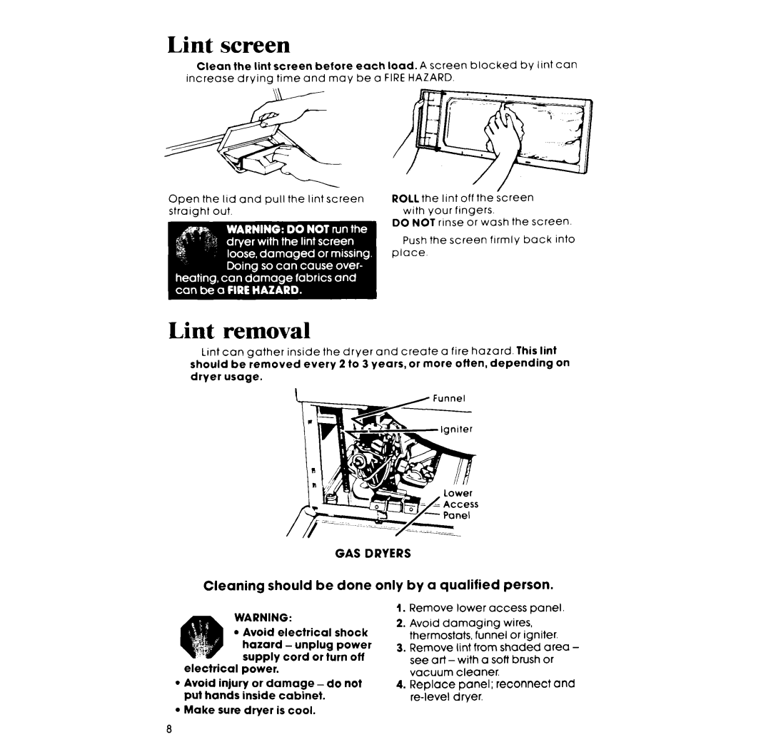 Whirlpool 3LG5706XP manual Lint screen, Lint removal, GAS Dryers 