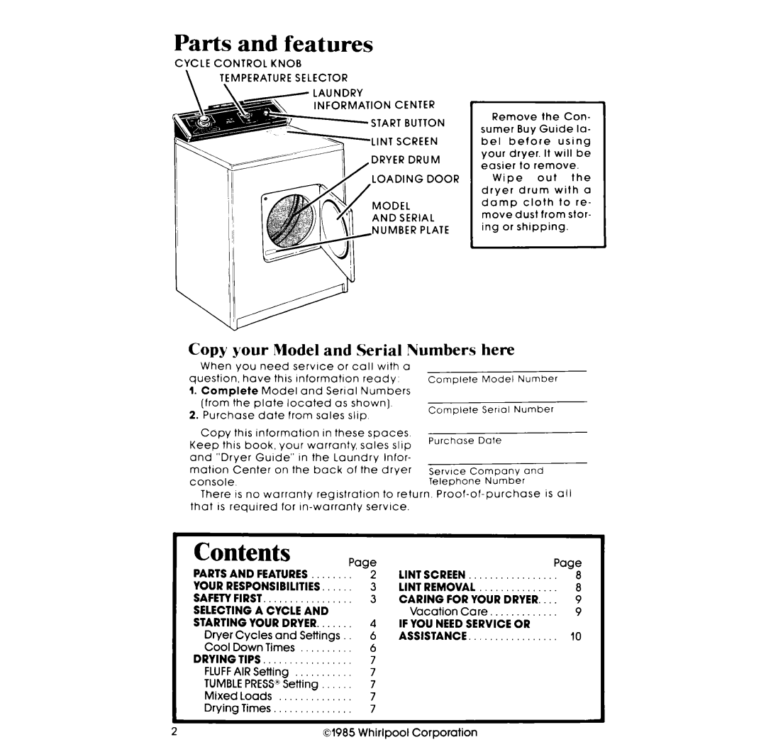 Whirlpool 3LG57OlXP manual Contents 