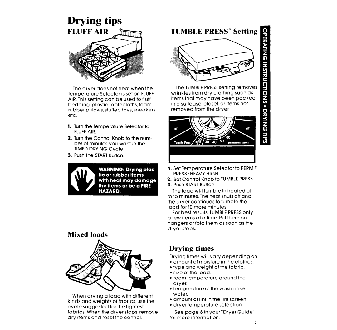 Whirlpool 3LG57OlXP manual Drying tips, Mixed loads, Times, Fluffair 