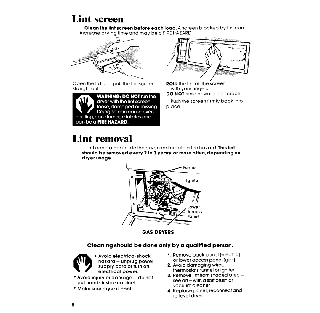 Whirlpool 3LG57OlXP manual Lint screen, Lint removal 