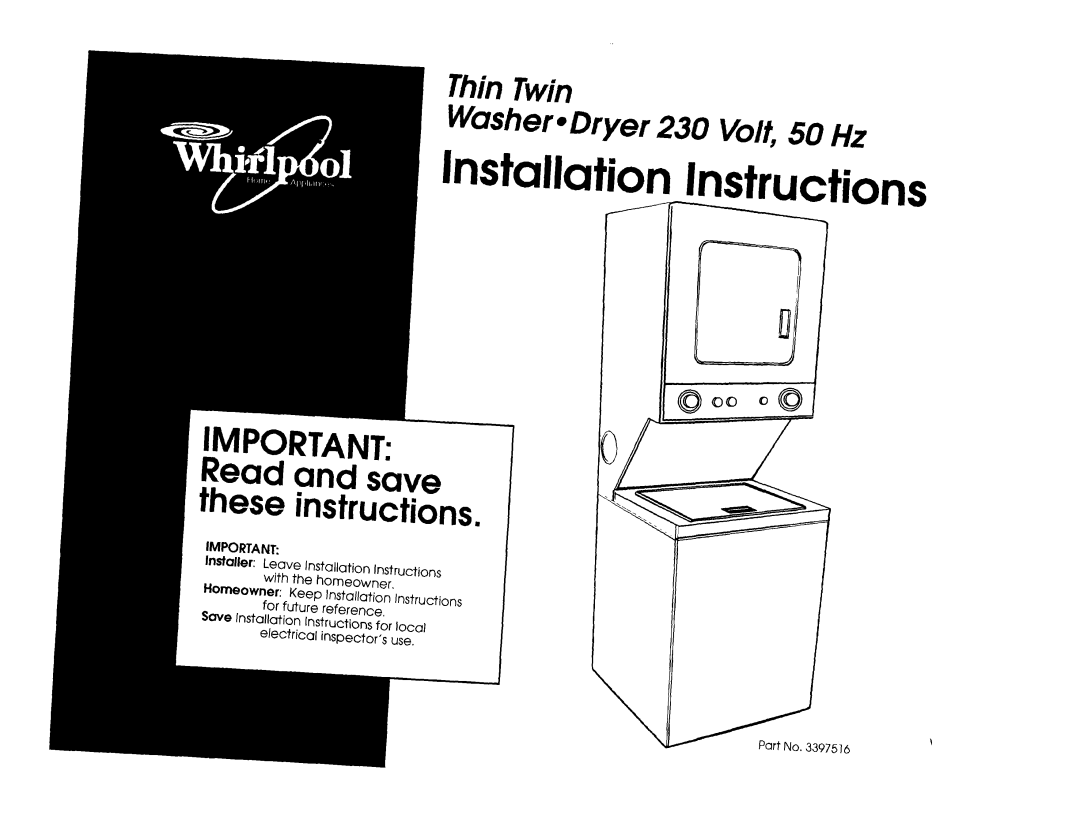 Whirlpool 50 Hz, 3LTE5243BN0 installation instructions InSkrllation sfrucfions 