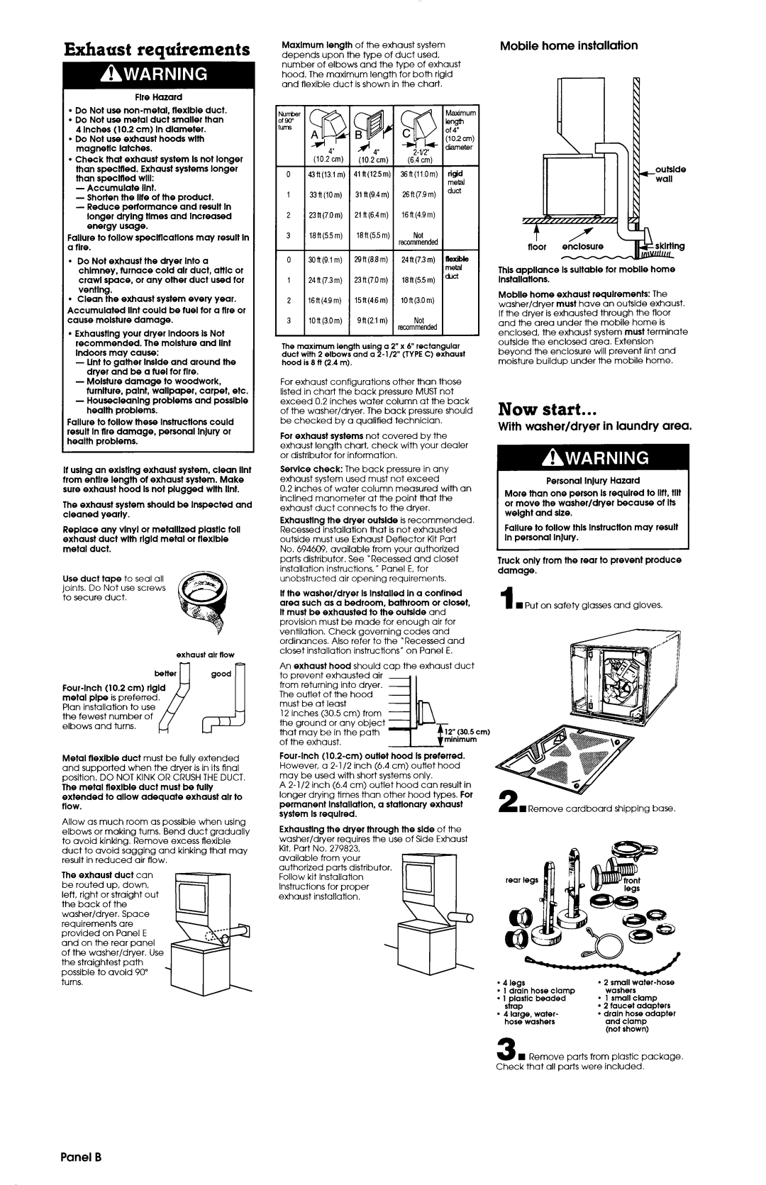 Whirlpool 50 Hz Exhaust reauirements, Now start, Mobile home installation, With washer/dryer in laundry area, Panel B 