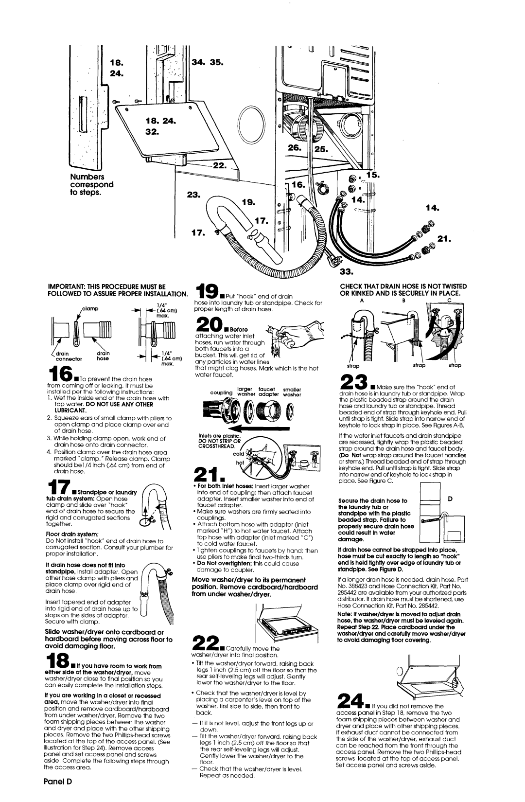 Whirlpool 50 Hz, 3LTE5243BN0 Panel D, Floor drain system, Do Not overtlghten this could cause, Damage to coupler 