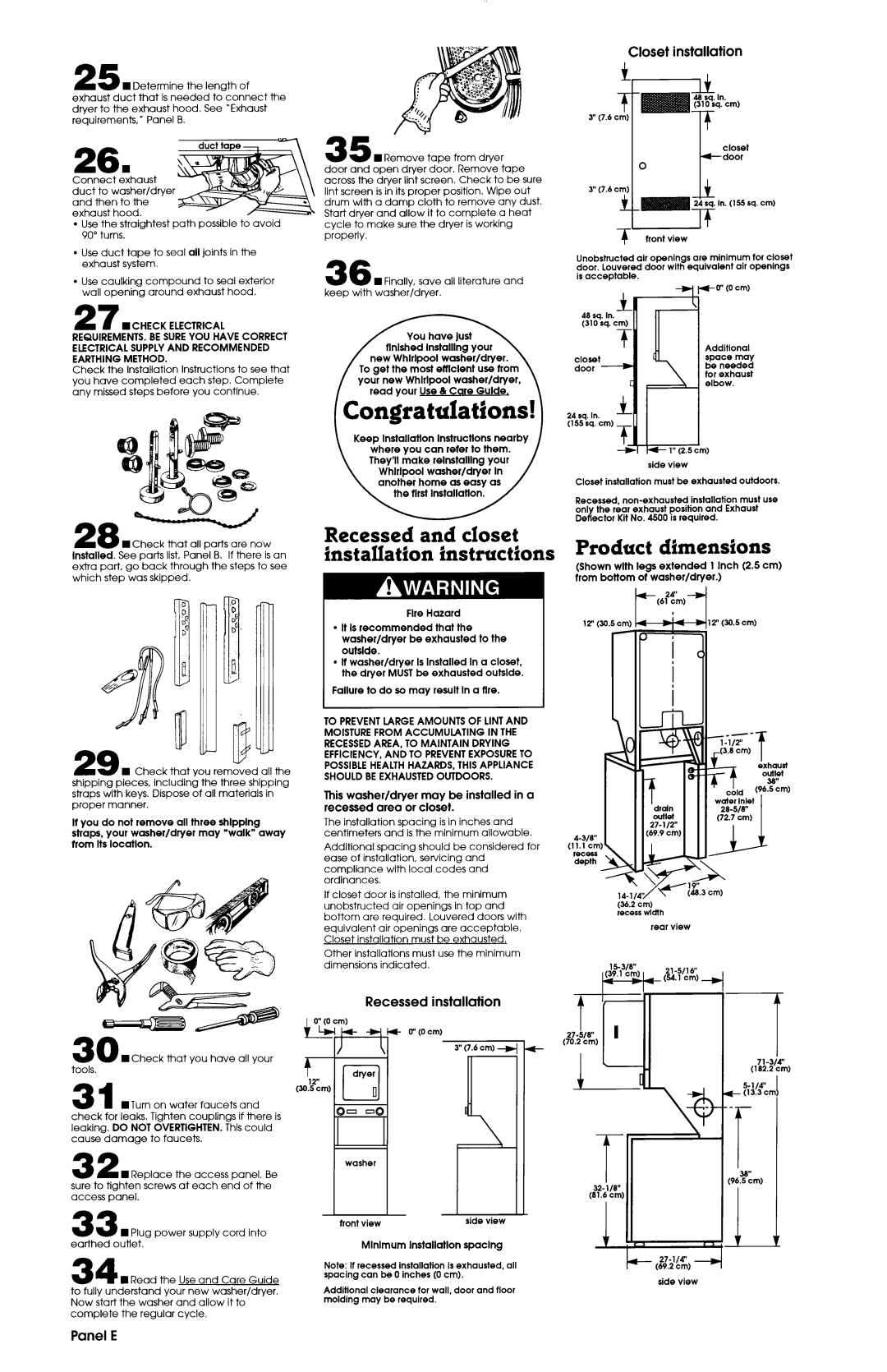 Whirlpool 3LTE5243BN0, 50 Hz installation instructions Product dimensions, Closet installation, ’ -It, Installation, Panel E 