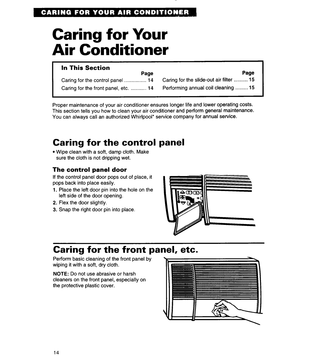 Whirlpool 3PACH21DD0 Caring for Your Air Conditioner, Caring for the control panel, Caring for the front panel, etc 