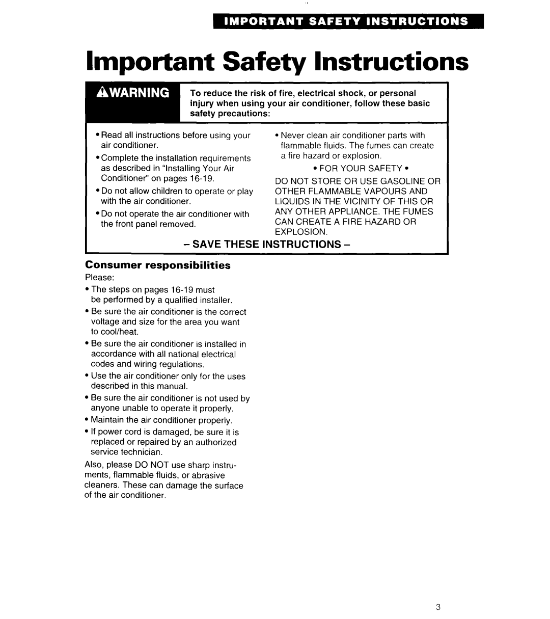 Whirlpool 3PACH21DD0 Important Safety Instructions, Consumer responsibilities, Save These Instructions 