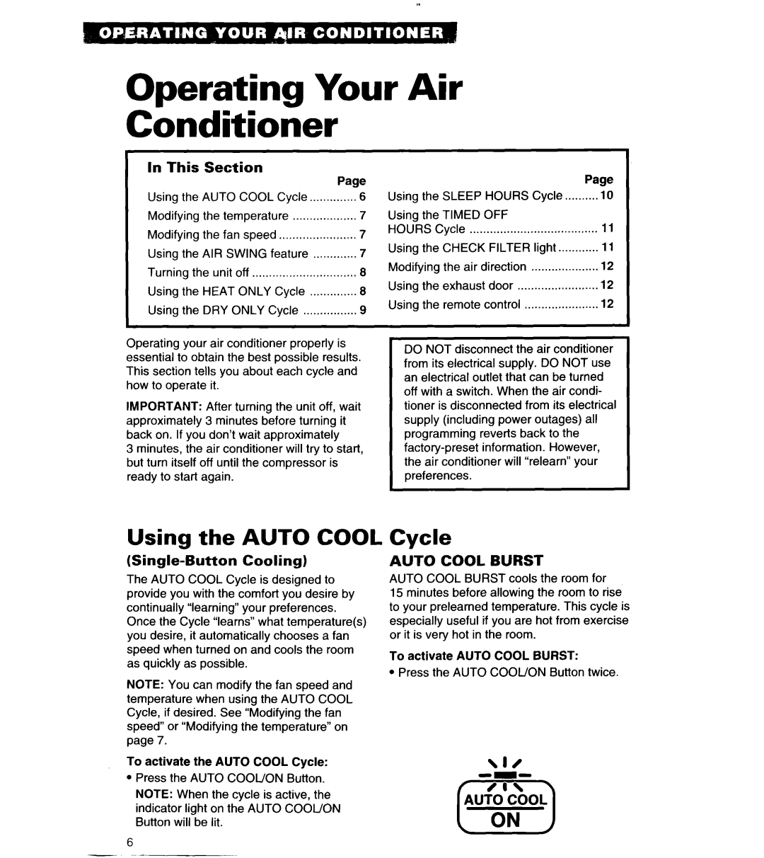 Whirlpool 3PACH21DD0 I\\I, Operating Your Air Conditioner, Using the AUTO COOL, Cycle, In This, Section, Auto Cool Burst 