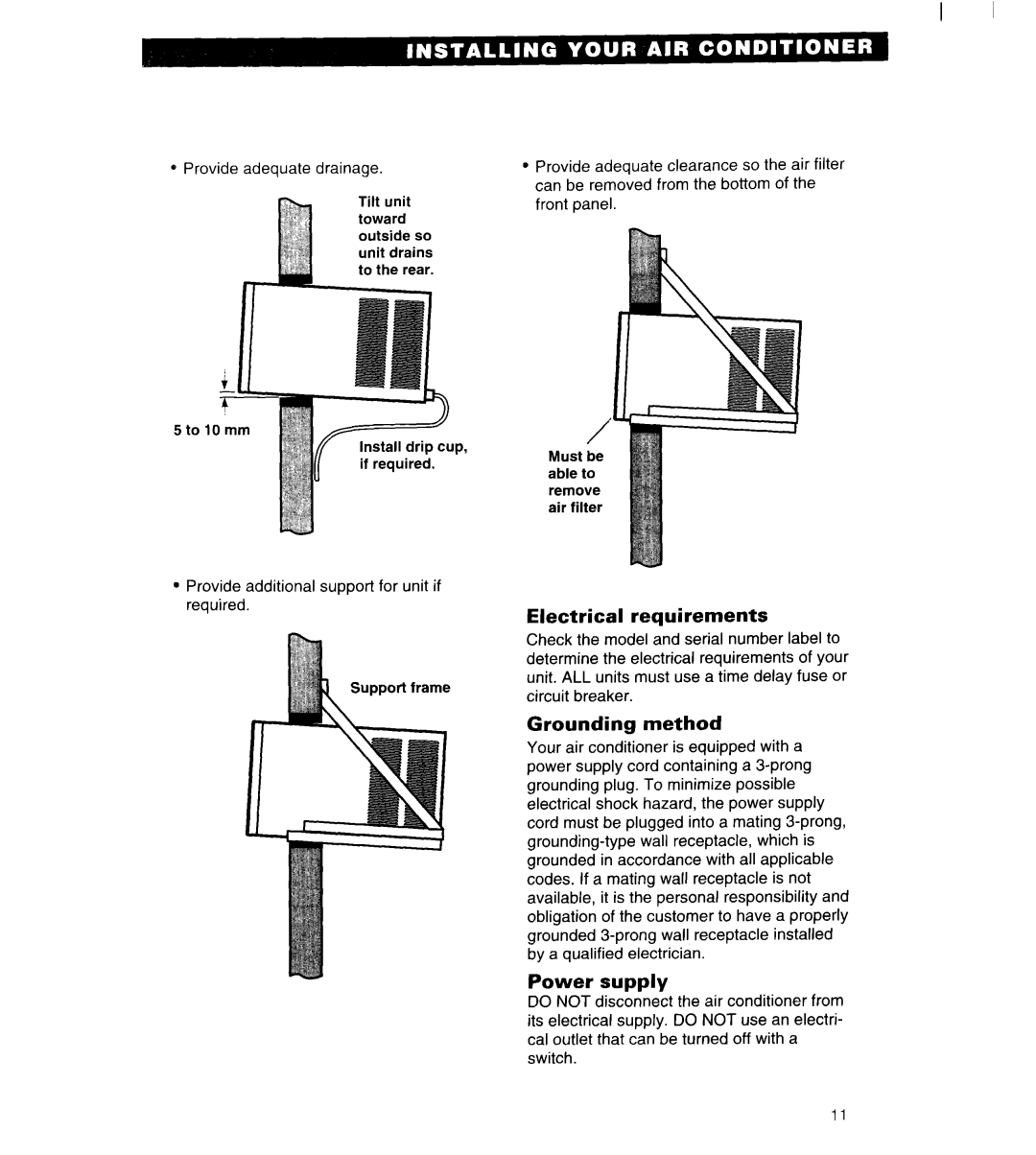 Whirlpool 3QACM07XD2 important safety instructions Electrical requirements, Grounding method, Power supply 