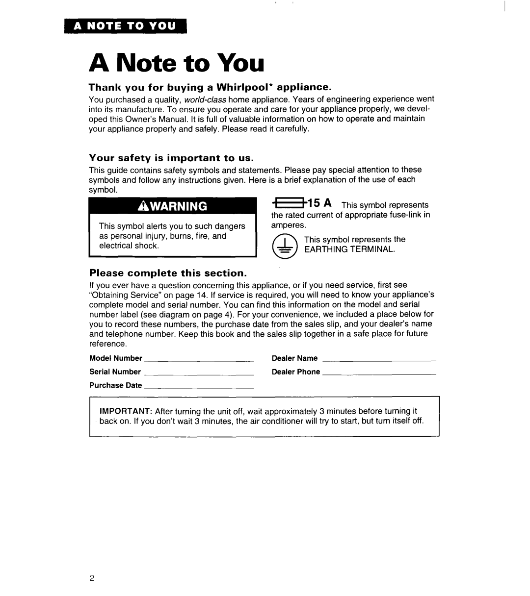 Whirlpool 3QACM07XD2 important safety instructions Please complete this section 