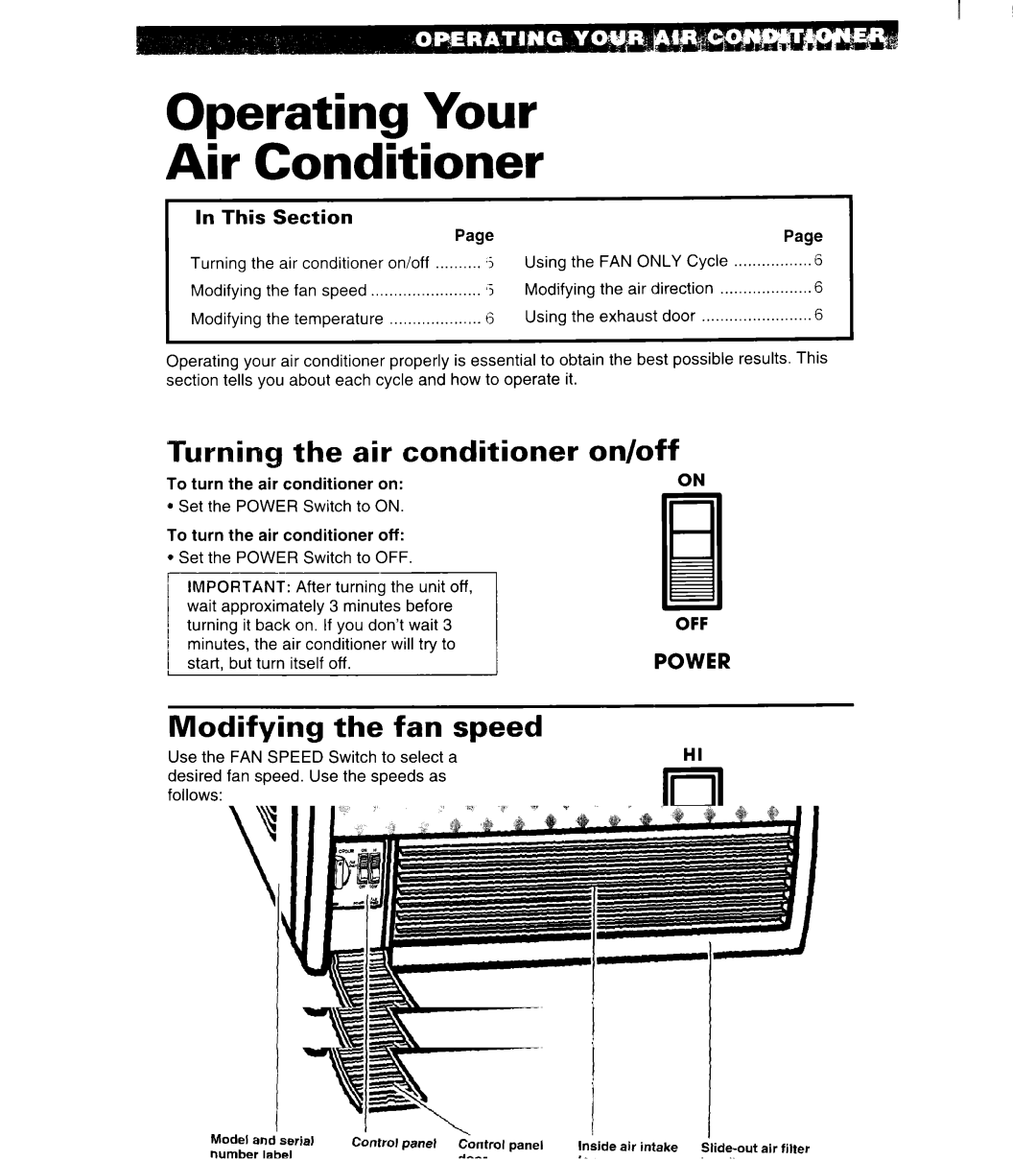 Whirlpool 3QACM07XD2 Operating Your Air Conditioner, Turning the air conditioner, On/off, Modifying the fan speed 