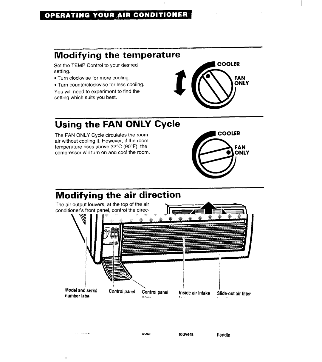 Whirlpool 3QACM07XD2 Modifying the temperature, Using the FAN only Cycle, Modifying the air direction 